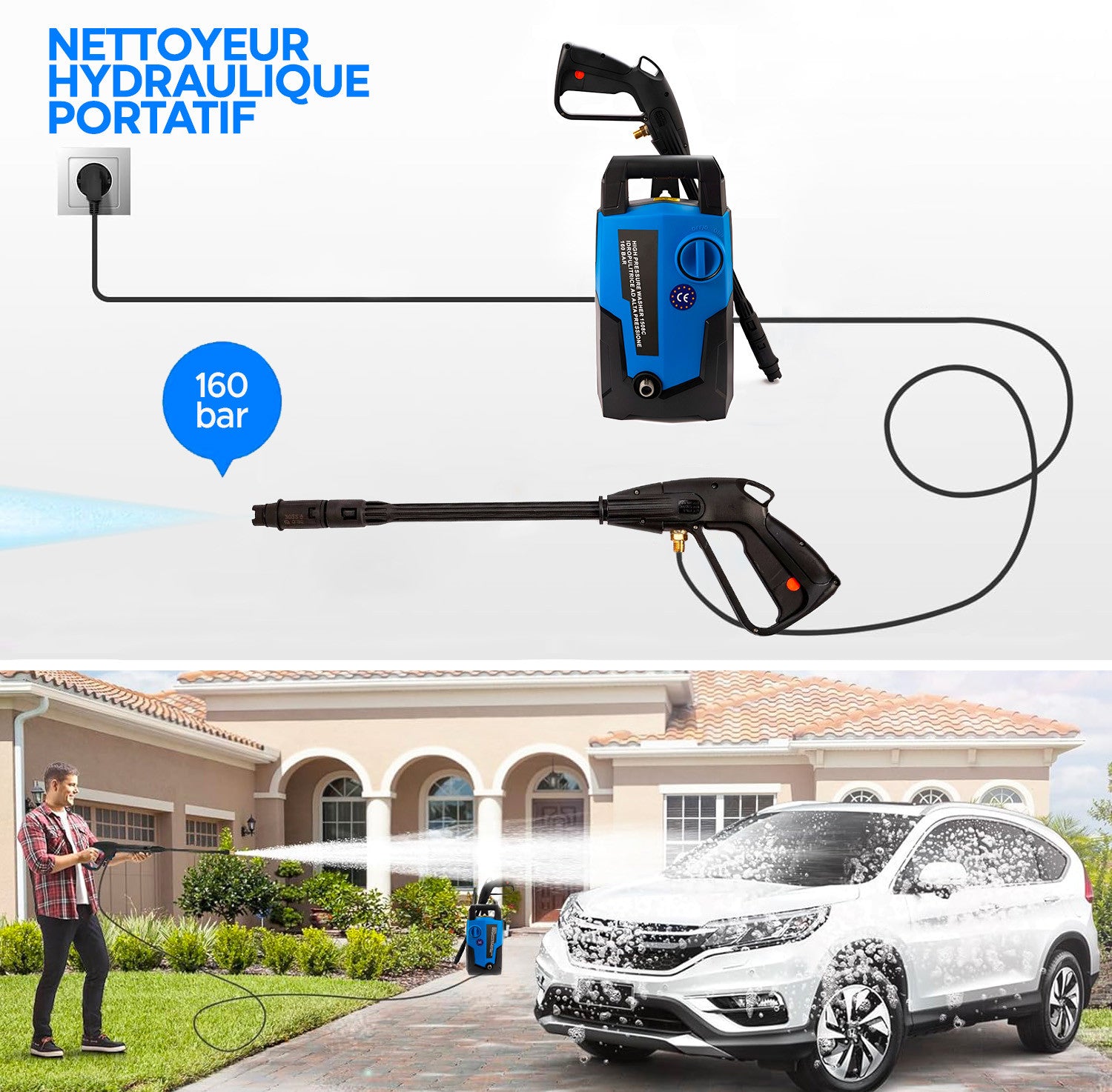 Nettoyeur haute pression électrique 160 bars haute pression 1600W moteur 360 lt