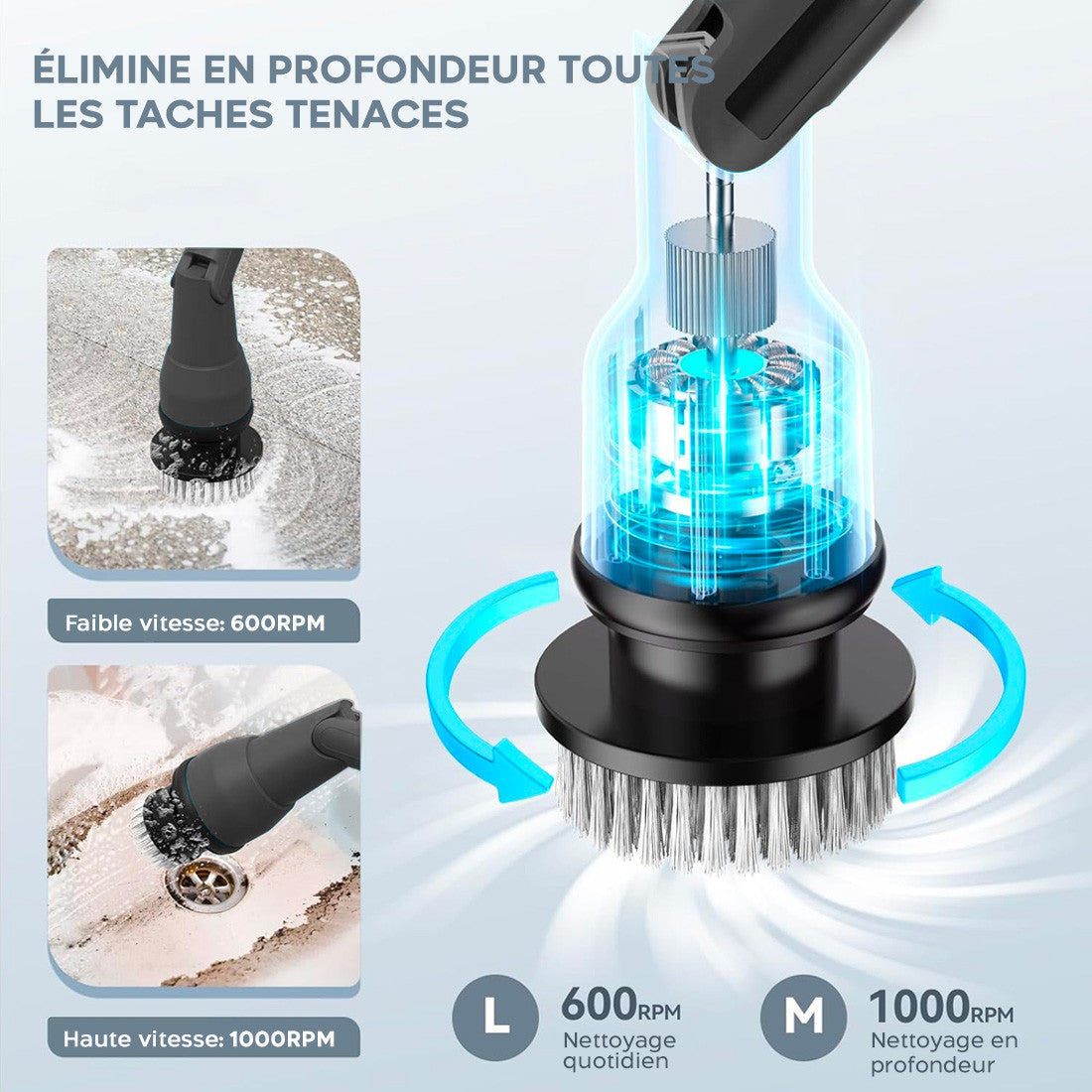 Brosse Rotative Électrique Sans Fil Batterie 26V Nettoyage Carrelage 4 Têtes