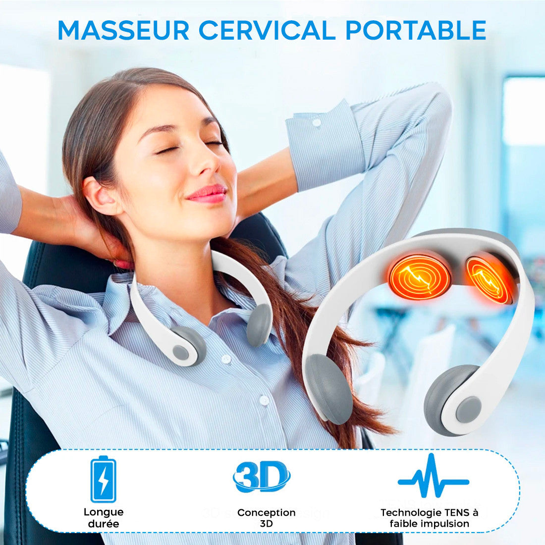 Masseur chauffe-cou rechargeable USB, température réglable pour cervicales
