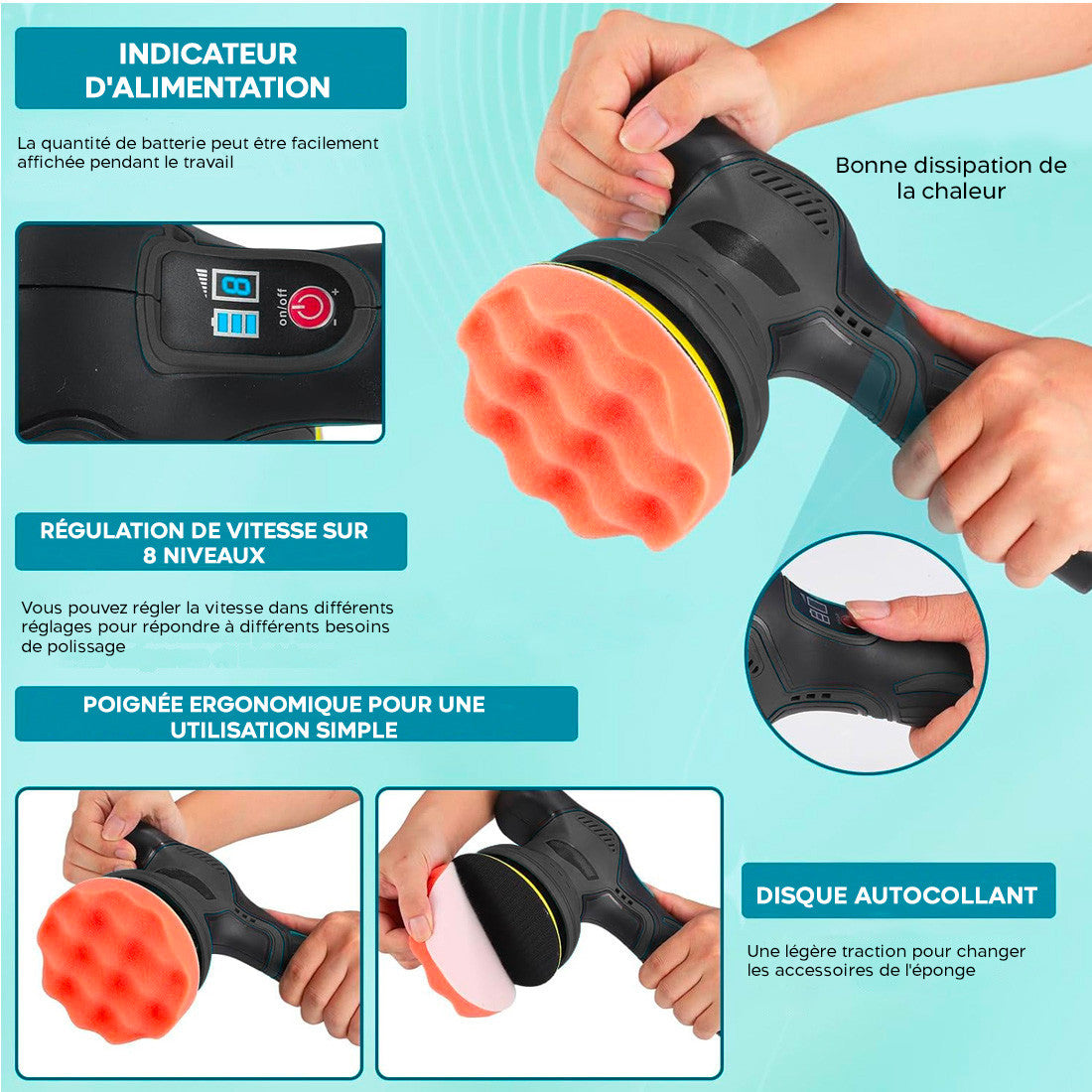 Polisseuse électrique avec batterie 24V pour voitures et sols, 8 vitesses