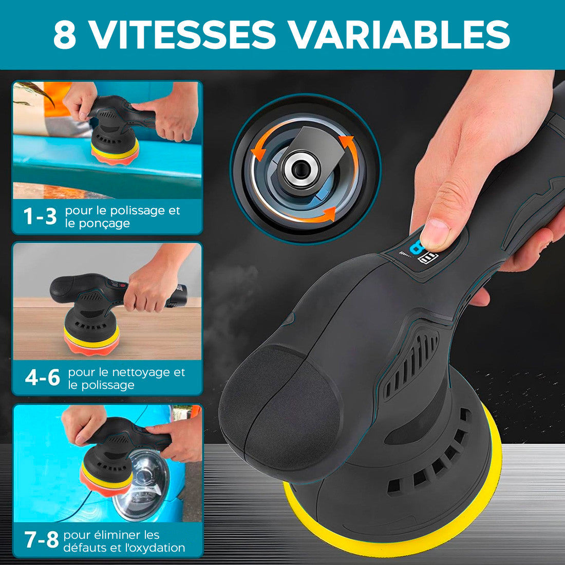 Polisseuse électrique avec batterie 24V pour voitures et sols, 8 vitesses