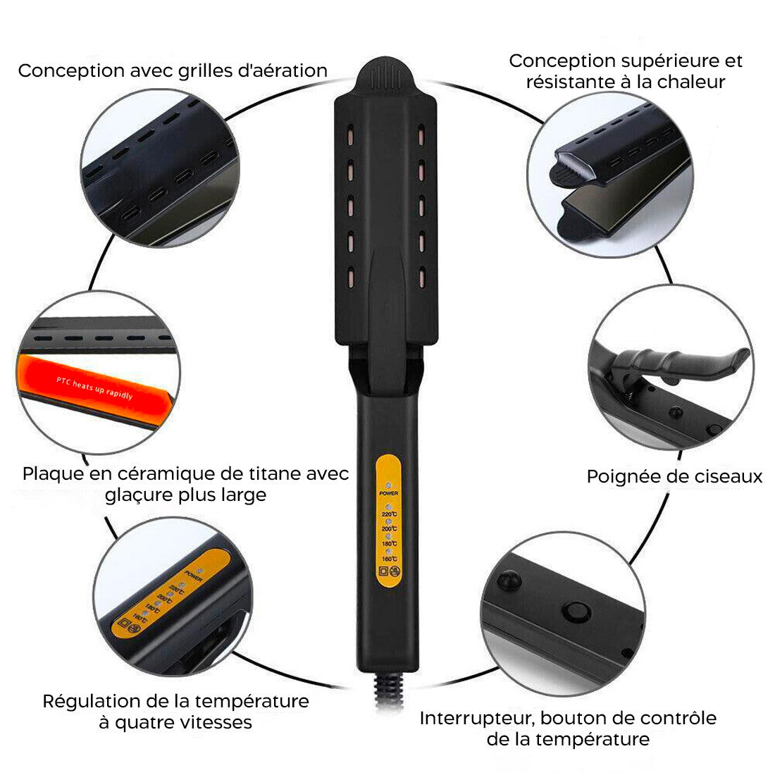 Lisseur céramique cheveux avec température réglable 220° orifices de ventilation