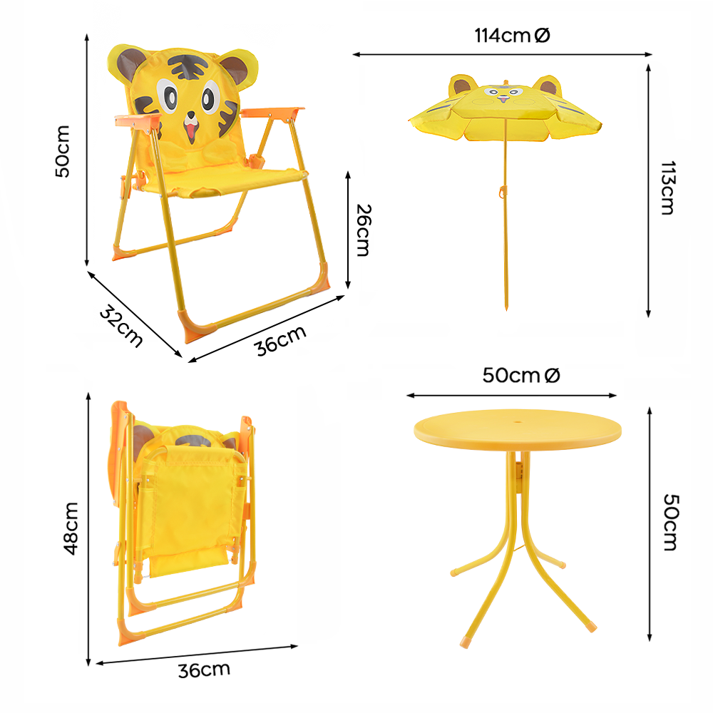 Ensemble jardin enfants 4 pièces Table Chaises et Parasol Jaune Réglable 3-6 ans
