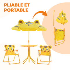 Ensemble jardin enfants 4 pièces Table Chaises et Parasol Jaune Réglable 3-6 ans