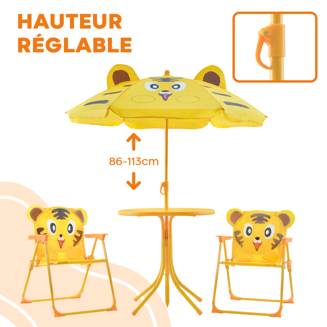 Ensemble jardin enfants 4 pièces Table Chaises et Parasol Jaune Réglable 3-6 ans