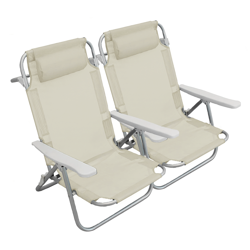 2 pièces Chaise de Plage Transat Aluminium avec Coussin Inclinable en Textilène