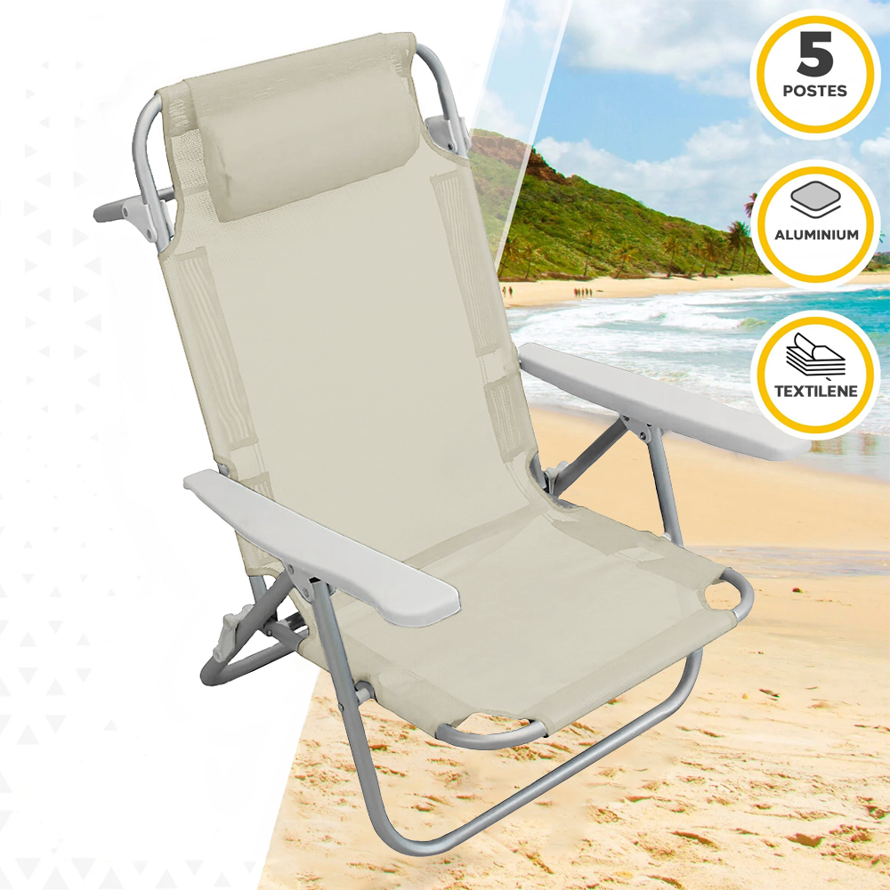 2 pièces Chaise de Plage Transat Aluminium avec Coussin Inclinable en Textilène