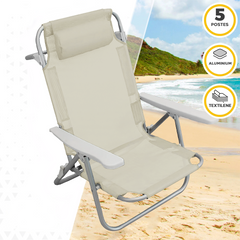 2 pièces Chaise de Plage Transat Aluminium avec Coussin Inclinable en Textilène