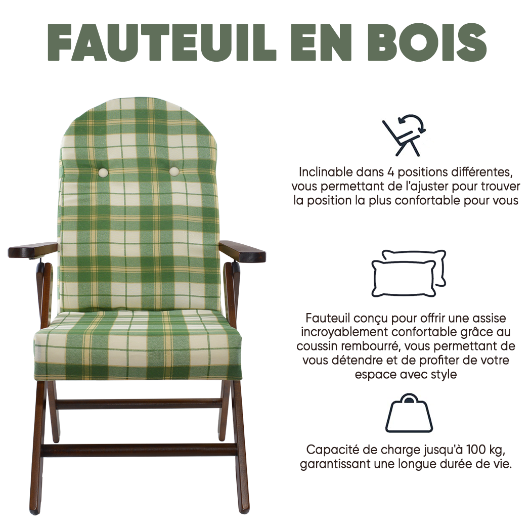 AMALFI Fauteuil en Bois MASLEGNO Fauteuil inclinable Coussin Rembourré 108x65x60
