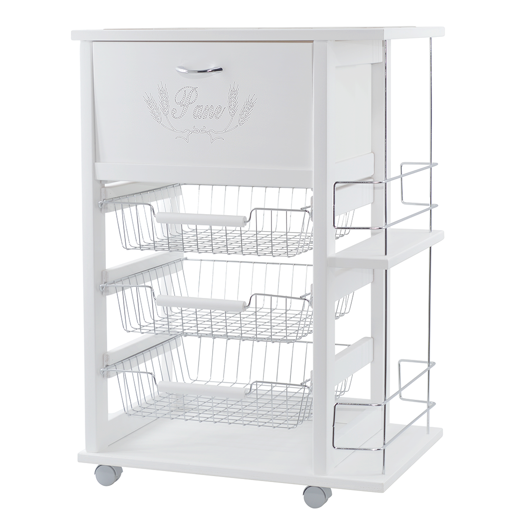 Chariot à pain 3 tiroirs Porte-bouteilles avec Roulettes MAS084 Blanc 57x38x82cm
