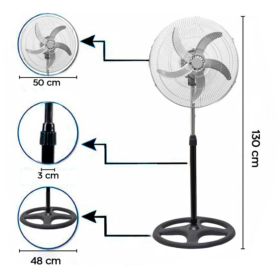 Ventilateur 3 en 1 sur Pied Table et Mural 50W avec 5 Pales en Métal Oscillantes