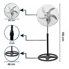 Ventilateur 3 en 1 sur Pied Table et Mural 50W avec 5 Pales en Métal Oscillantes