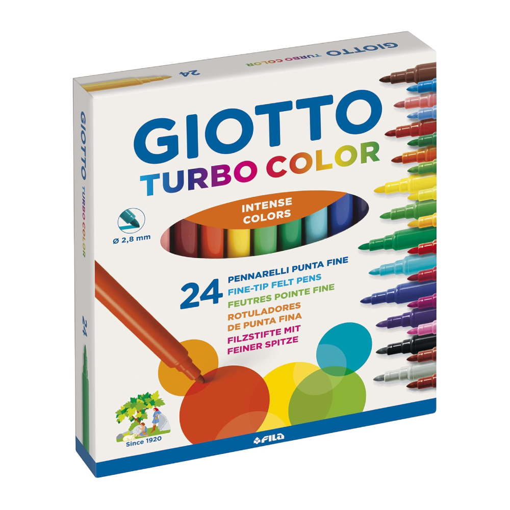 Giotto Turbo Color 24 Feutres Pointe Fine de 2,8 mm Encre Lavable à l'Eau