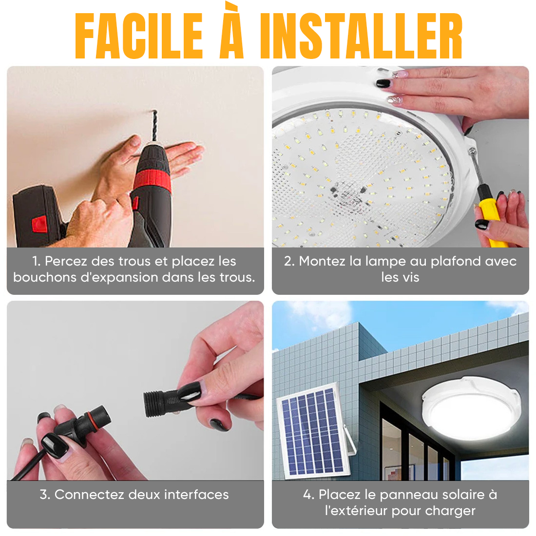 Plafonnier LED 200W 8000mAh IP54 avec Panneau Solaire 6V et Télécommande