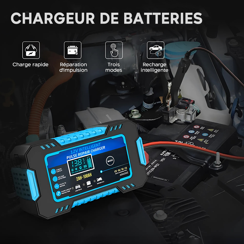 Chargeur Batterie Voiture et Moto Charge Intelligente 12V 6A Câbles et Écran LCD