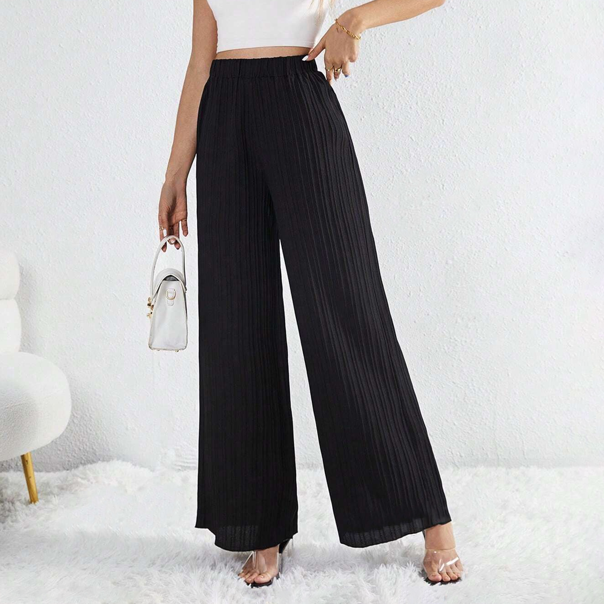 Pantalons longs d'été femme avec jambes larges et plissé texturé à taille haute