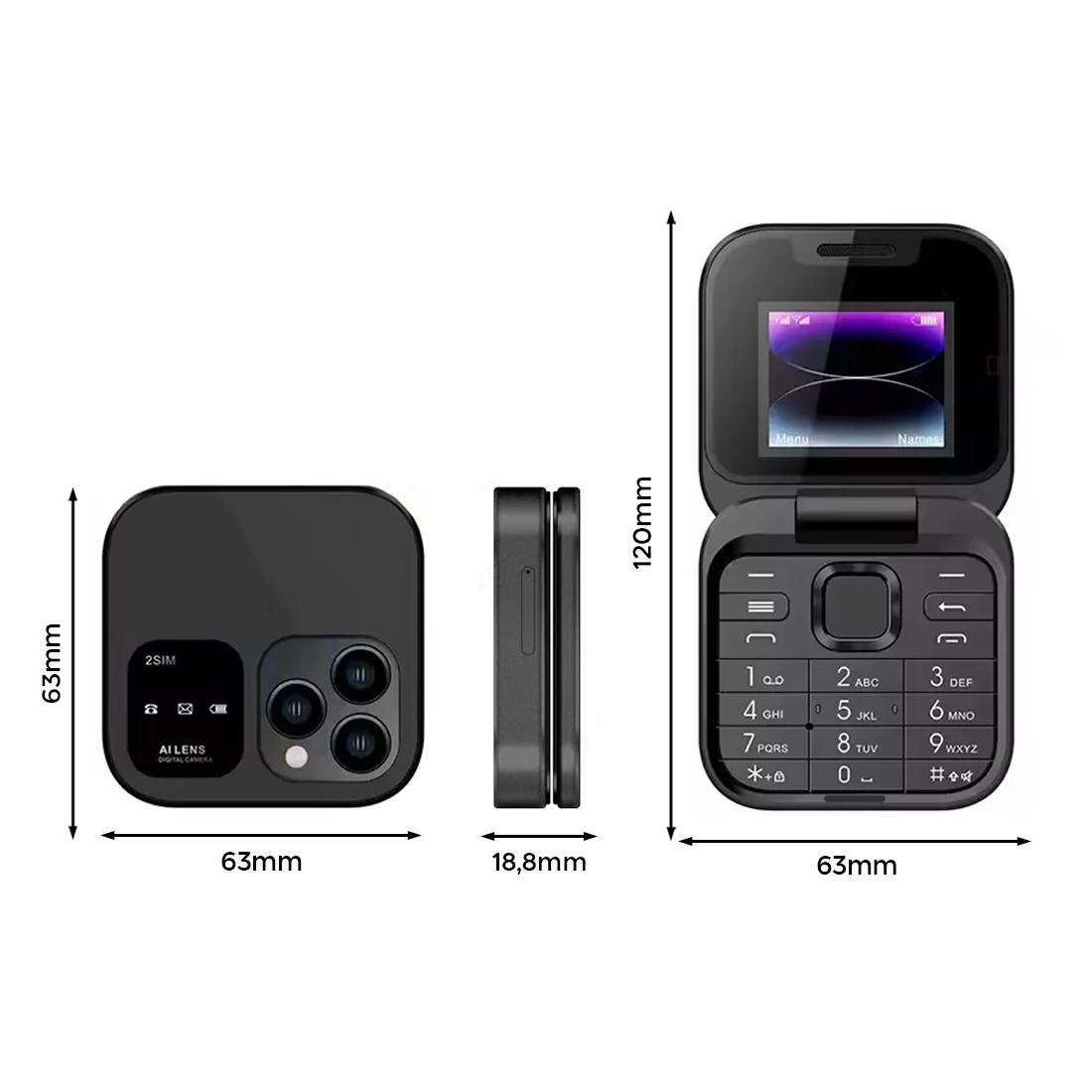 Téléphone de poche pliable 1,77" I16 PRO Double SIM Caméra Bluetooth MP4