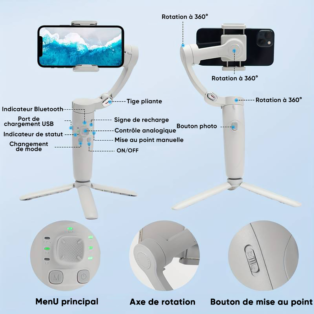 Stabilisateur de Smartphone à 3 Axes avec Trépied Pliable pour Photos et Vidéos