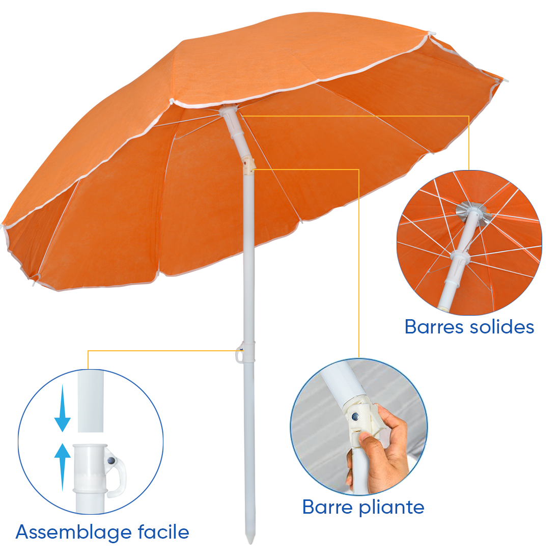 Parasol de Plage TNT Palinuro H185cm Inclinable 8 Bâtons Poteau en Aluminium
