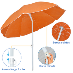 Parasol de plage inclinable antivent avec 8 baleines, mât en aluminium de 180 cm