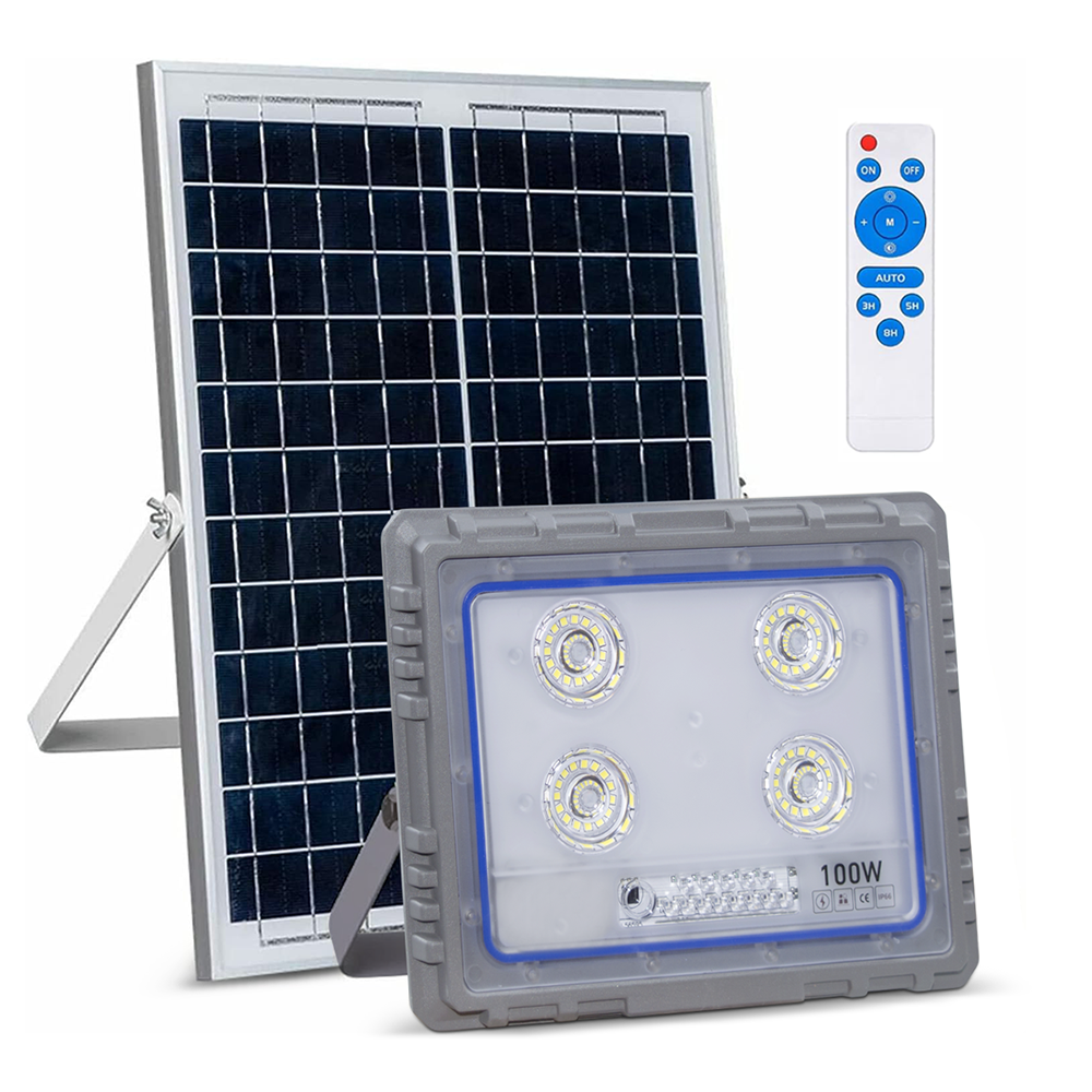 Projecteur Solaire LED 100W Panneau Solaire Crépusculaire 6500K IP66 Télécommand