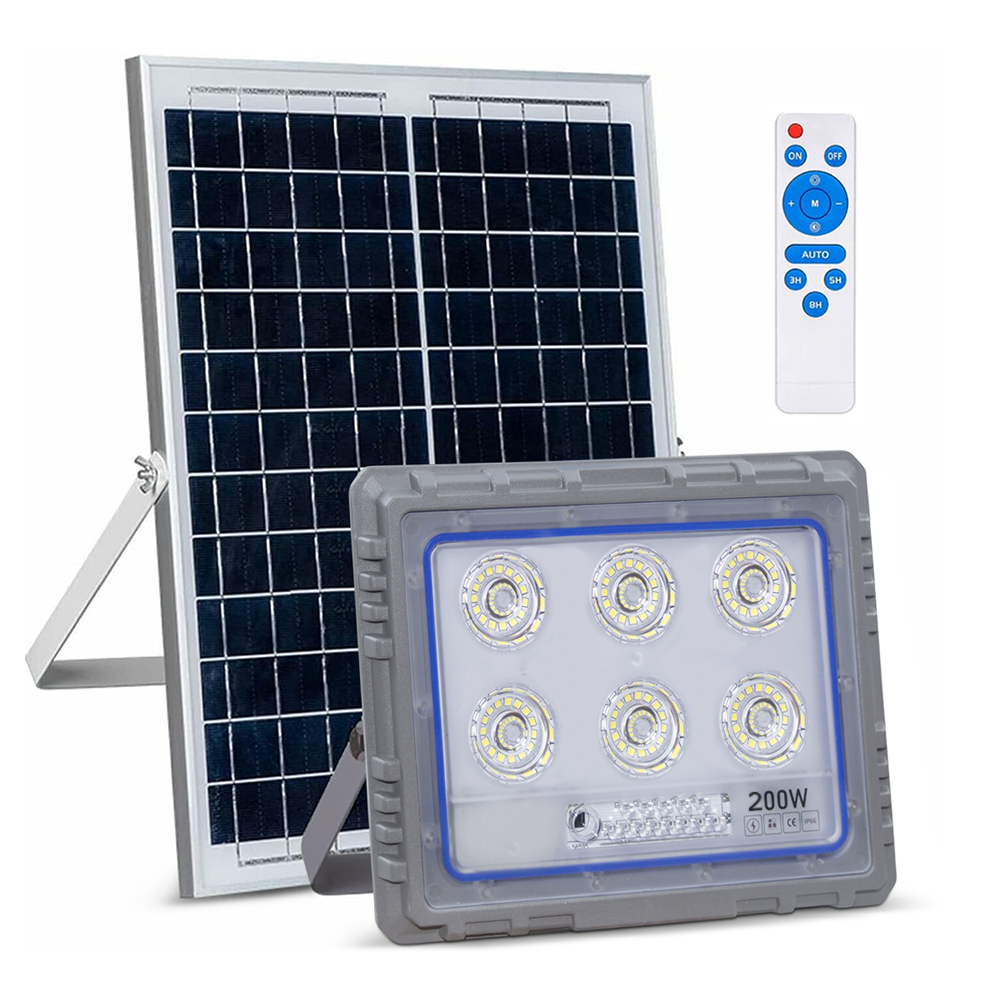 Projecteur Solaire LED 200W Panneau Solaire Crépusculaire 6500K IP66 Télécommand