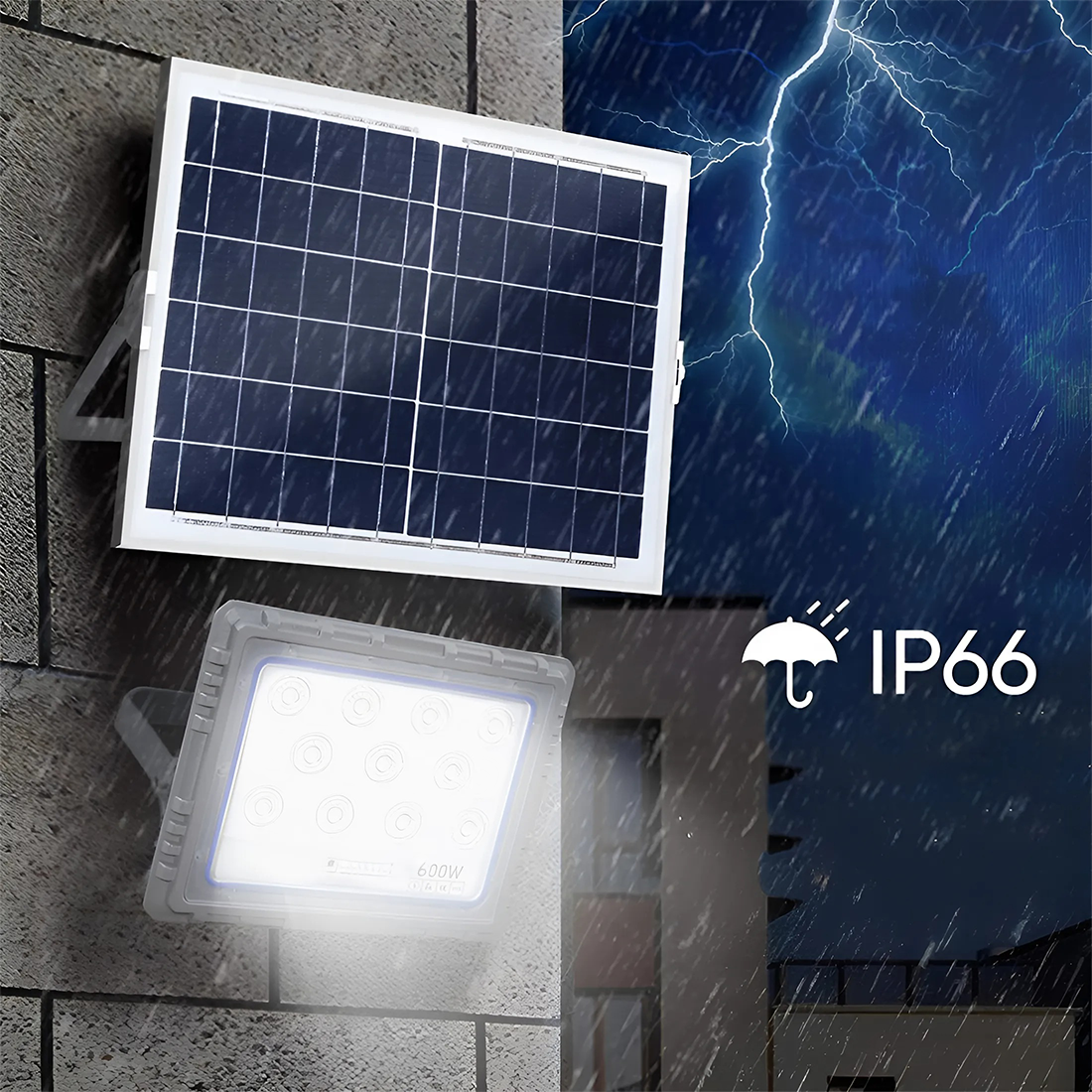 Projecteur Solaire LED 600W Panneau Solaire Crépusculaire 6500K IP66 Télécommand