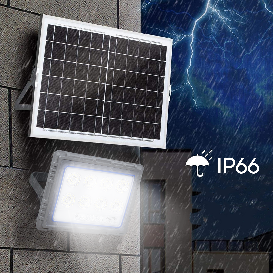 Projecteur Solaire LED 400W Panneau Solaire Crépusculaire 6500K IP66 Télécommand