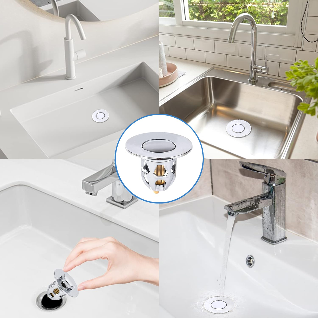 Set 2 Bouchons lavabo universel système pop-up, anti-blocage ABS 34-40 mm.