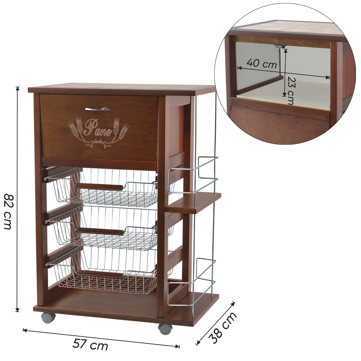 MAS017 Vesuvio Noyer Chariot 57x38x82h cm avec porte-bouteille et porte-pain