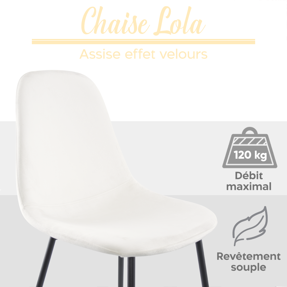 Lot de 4 chaises LOLA au design moderne en velours, structure en métal.