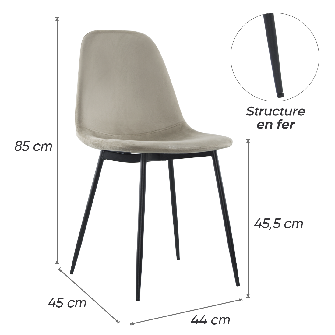 Lot de 4 chaises LOLA au design moderne en velours, structure en métal.
