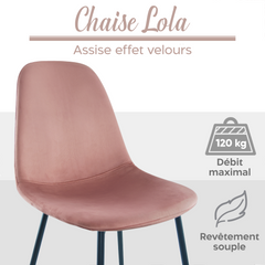 Lot de 4 chaises LOLA au design moderne en velours, structure en métal.