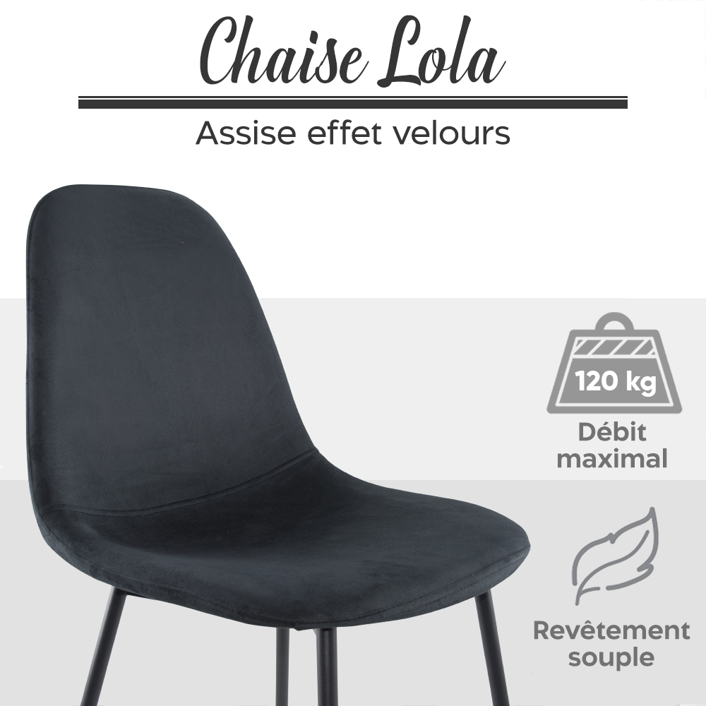 Lot de 4 chaises LOLA au design moderne en velours, structure en métal.
