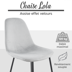 Lot de 4 chaises LOLA au design moderne en velours, structure en métal.