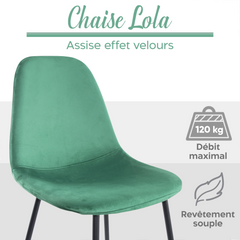 Lot de 4 chaises LOLA au design moderne en velours, structure en métal.