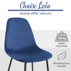 Lot de 4 chaises LOLA au design moderne en velours, structure en métal.