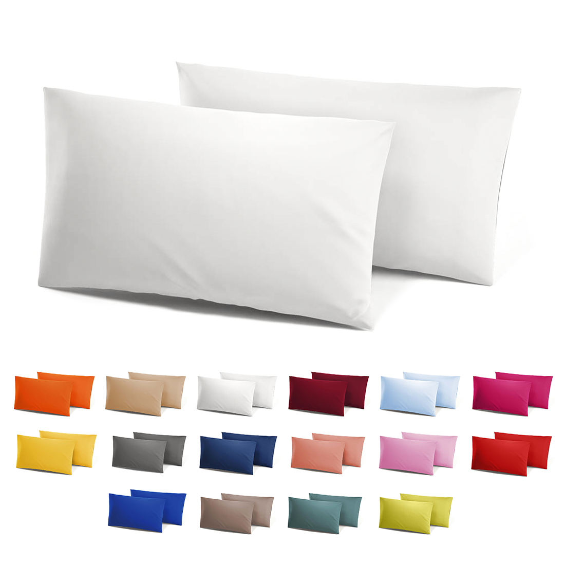 Ensemble de 2 Taies d'Oreiller en Coton Uni pour Lit Double 50x80cm