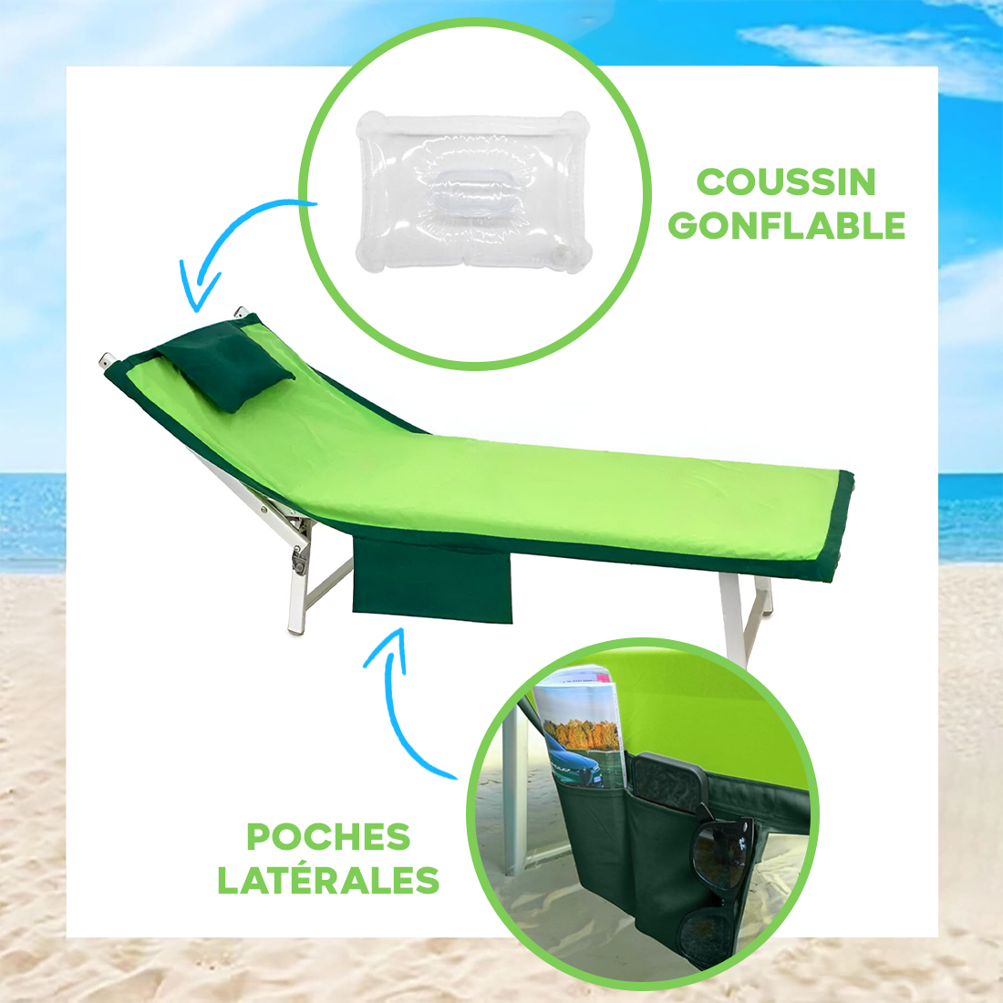 Serviette de Plage avec Poches et Coussin Gonflable en Microfibre