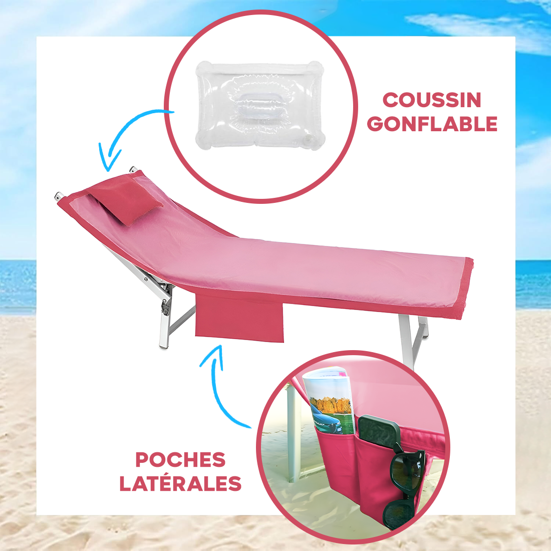 Serviette de Plage avec Poches et Coussin Gonflable en Microfibre