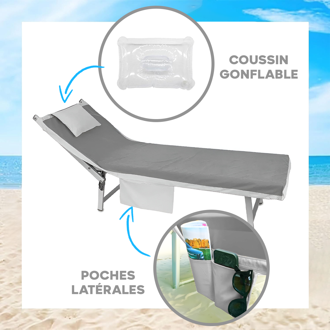 Serviette de Plage avec Poches et Coussin Gonflable en Microfibre