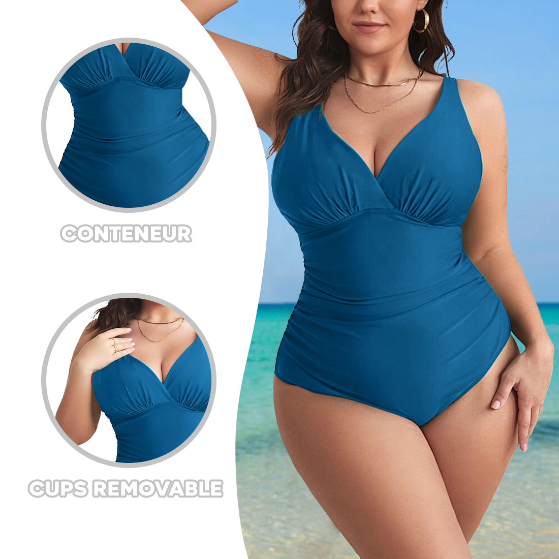 2 pièces Maillot de bain une pièce femme uni grande taille, col en V, gainant