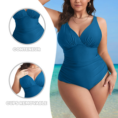 2 pièces Maillot de bain une pièce femme uni grande taille, col en V, gainant