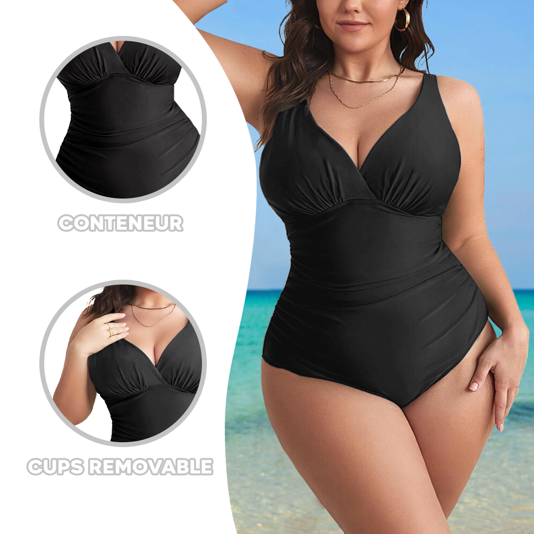 2 pièces Maillot de bain une pièce femme uni grande taille, col en V, gainant