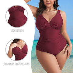 2 pièces Maillot de bain une pièce femme uni grande taille, col en V, gainant