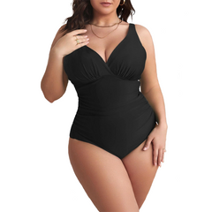 2 pièces Maillot de bain une pièce femme uni grande taille, col en V, gainant
