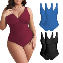 2 pièces Maillot de bain une pièce femme uni grande taille, col en V, gainant