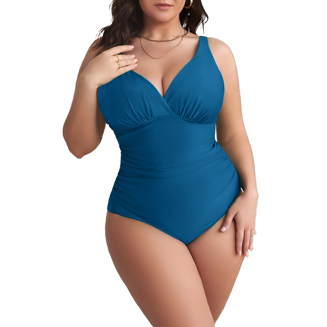 2 pièces Maillot de bain une pièce femme uni grande taille, col en V, gainant