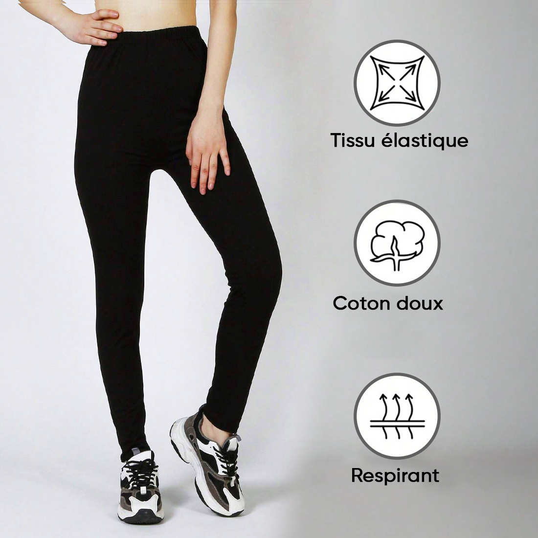 Set de 3 Leggings femme noirs, coton extensible, été, taille haute