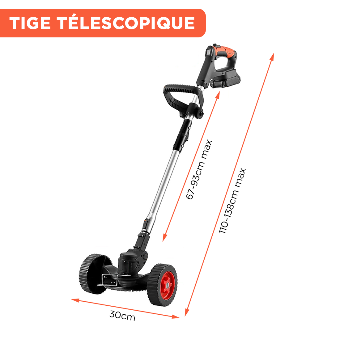 Débroussailleuse sans fil, 2 batteries 21V, roues et tige télescopique pliable